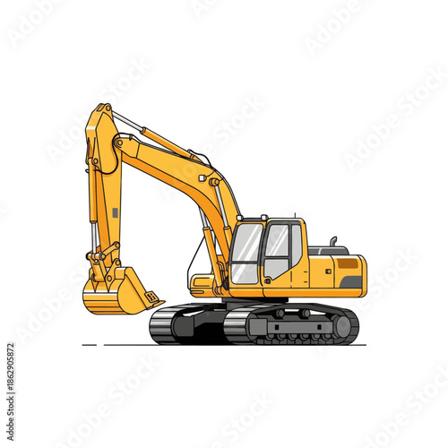 Yellow excavator on white background, construction vehicle, heavy machinery, digging equipment