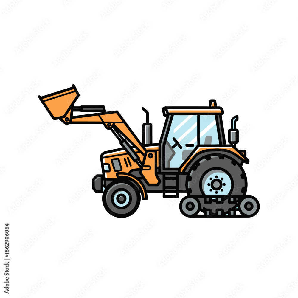 Naklejka premium Orange tractor with front loader and tracks, cartoon illustration on white background.