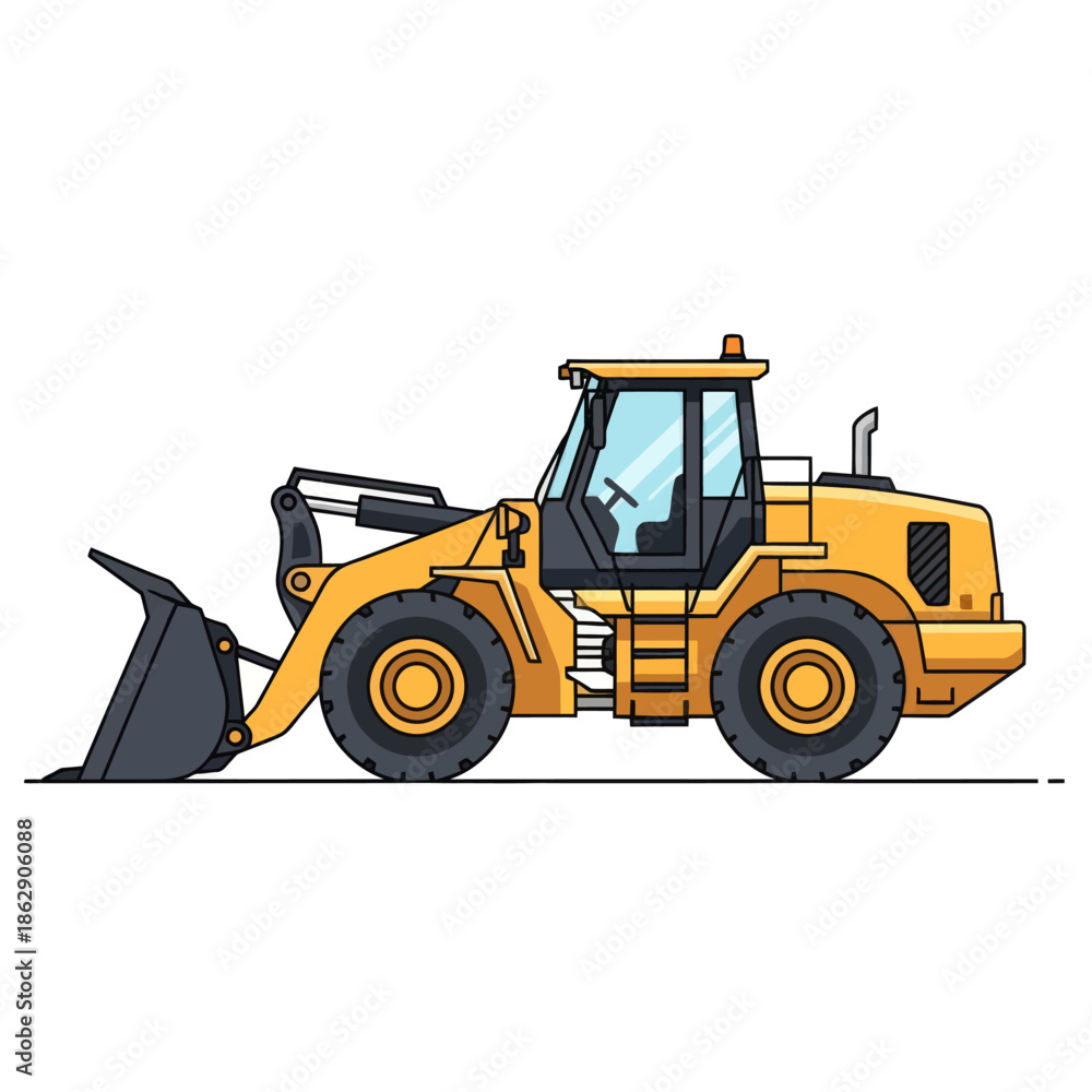 Fototapeta premium Yellow Wheel Loader Construction Vehicle Side View Illustration
