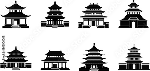 Set of traditional Asian temple and pagoda silhouettes isolated on white background, ancient architecture vector illustration for cultural heritage design