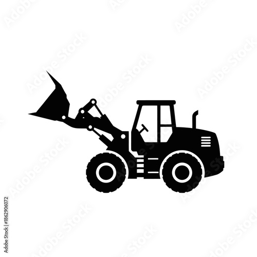 Black Silhouette of a Wheeled Loader Excavator on a White Background