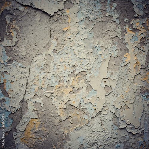 Textured surface displays layers of peeling, aged paint over rough plaster