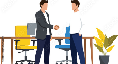 Flat vector illustration of two professional businessmen shaking hands in a modern office workspace with desks chairs and plants symbolizing partnership and successful deal.