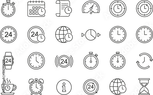 Black line time management icon set featuring clock stopwatch calendar hourglass 24 hours service schedule and deadline symbols for business planning web design.