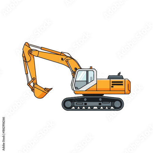 Yellow excavator construction vehicle on white background, digger machine illustration
