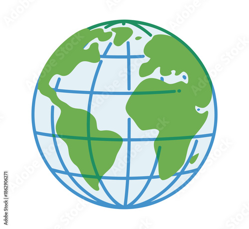 Globe illustration shows the American continents highlighted in green over blue.