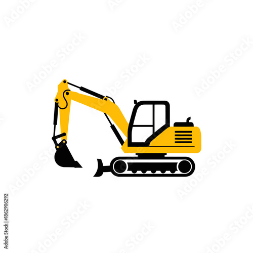 Yellow mini excavator isolated on white background, construction equipment vector illustration