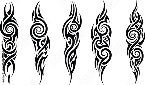 Set of Tribal Tattoo Designs with Bold Black Swirls, Abstract Symmetry, Ethnic Motifs, Body Art Style for Modern Ink Culture