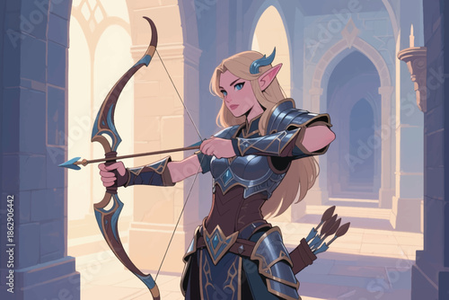 Blonde elf archer in blue silver armor aiming bow in sunlit medieval stone hall with arched windows.