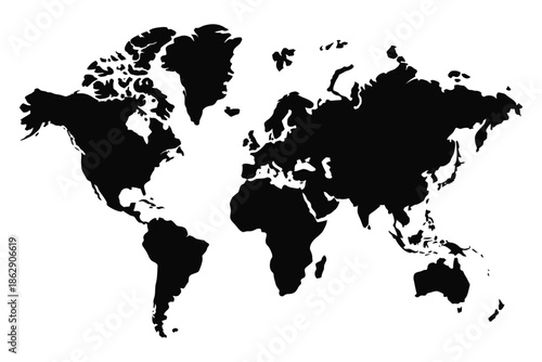 World map silhouette graphic shows all continents in solid black against white.