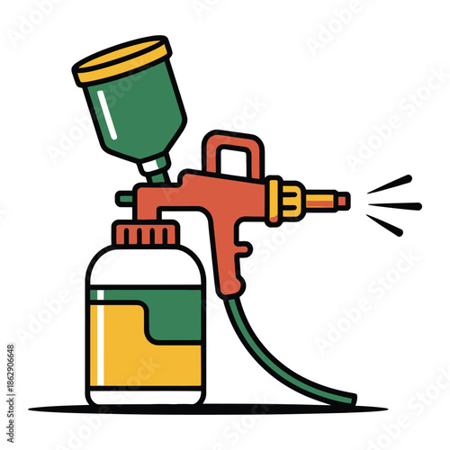 Professional paint spray gun with attached reservoir is ready for industrial.