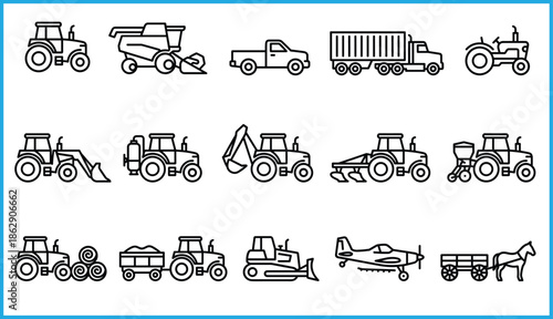 Set of 15 black line icons for agricultural and transport vehicles including tractors, harvester, airplane, and wagon for vector illustration content