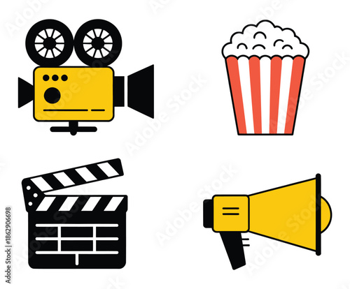 Filming equipment icons including a movie camera, clapperboard, popcorn,.