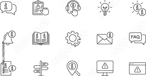Customer support and help center line icon set featuring faq bubbles, technical assistance, information services, and global communication symbols.