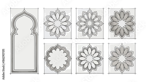 Islamic Design Elements: This composition features a refined collection of traditional Islamic design elements. Delicate floral patterns adorn intricate tile, alongside a stylized arched entryway.