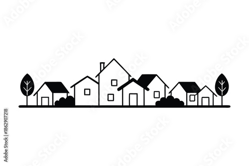 Minimalist Village Skyline Vector Illustration with Suburban Houses, Trees, and Bushes in Black Line Art Style