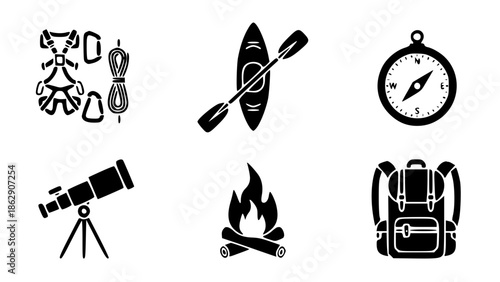 Essential outdoor adventure and camping equipment silhouettes for wilderness exploration isolated on white background, Vector