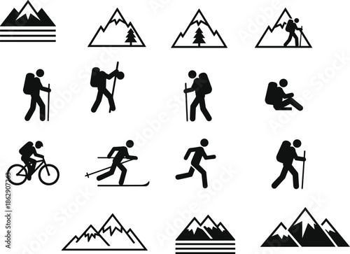 Adventure Outdoor Recreation Icons Set with Hiking Trekking Mountain Biking Skiing Trail Running and Wilderness Nature Symbols for Active Lifestyle Designs