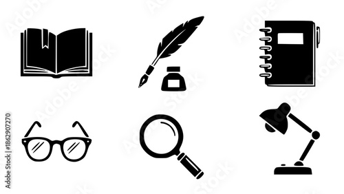 Essential tools and objects symbolizing study, writing, and intellectual pursuit isolated on white background, Vector