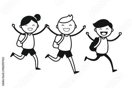 Joyful trio of cartoon children running hand-in-hand with backpacks, depicting school friends heading to class or playing during recess, rendered in a simple black and white line art style