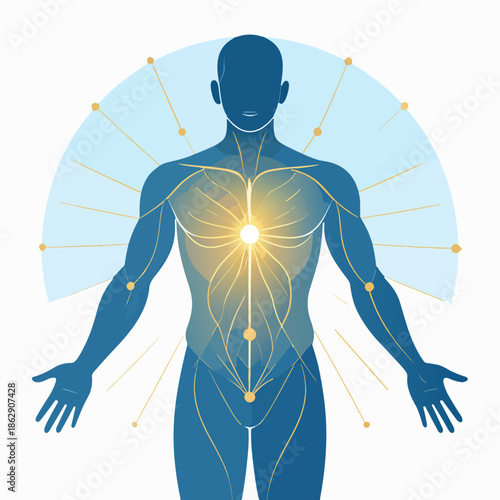 A stylized illustration of a human body with glowing energy pathways and radiating lines, representing inner light and connection.