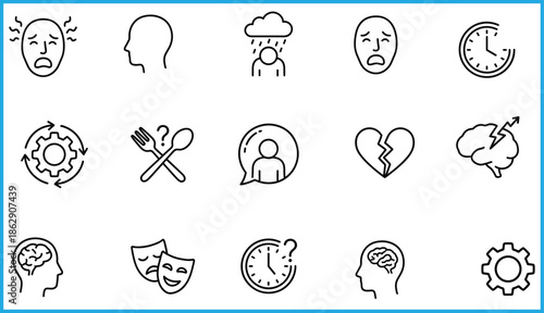 Set of 16 black line icons for emotional and mental health concepts including anxiety, depression, cognition, and communication for vector illustration content