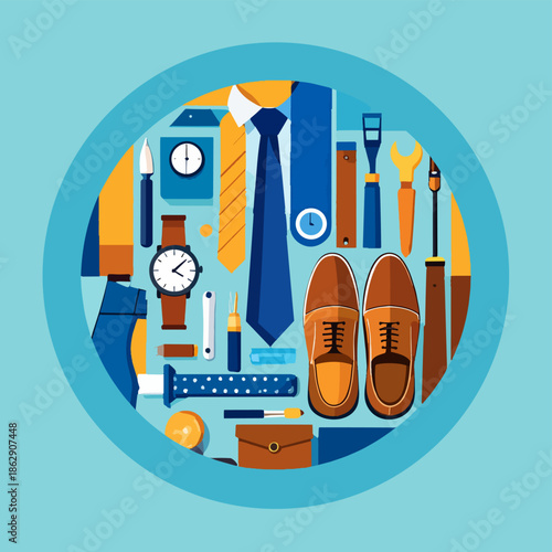 A flat lay illustration of various men's accessories and tools, including ties, shoes, watch, and wrench, arranged in a circle.