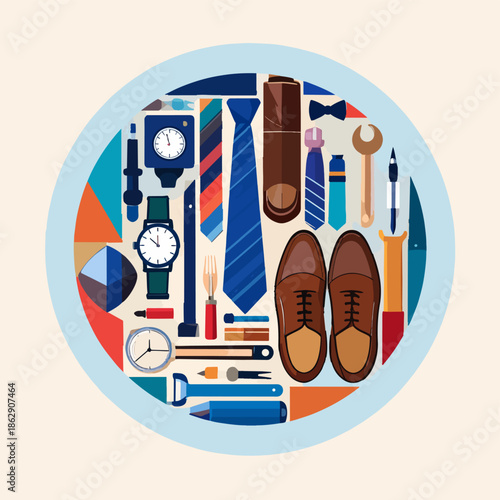 A flat lay illustration of various men's accessories and tools, including ties, shoes, watch, and wrench, arranged in a circle.