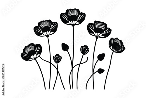 Minimalist black poppy flower silhouettes; botanical floral vector illustration with elegant stems and buds for wall art, vinyl cutting, and modern design