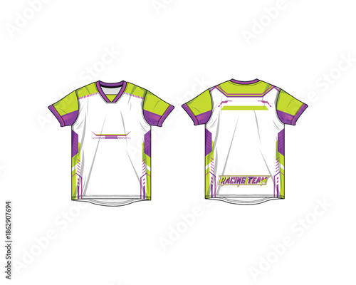 Adobe IllustraModern racing jersey mockup with dynamic design. Front and back views included for professional motorsport apparel presentation.tor Artwork