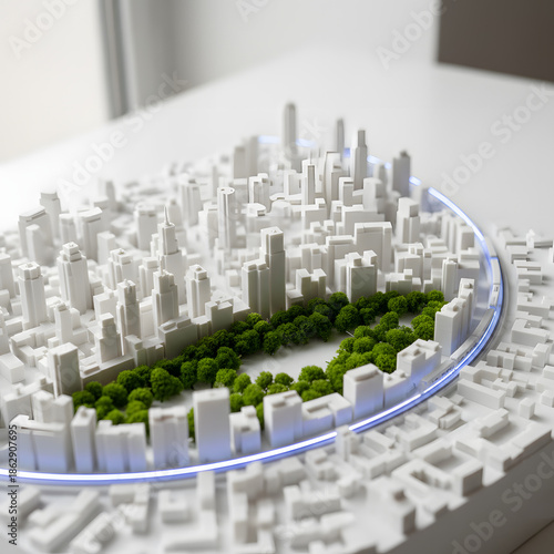 Eco-friendly urban planning concept featuring a green city park within a white miniature architectural model