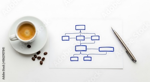 Business Organization Chart Planning with Coffee and Pen.