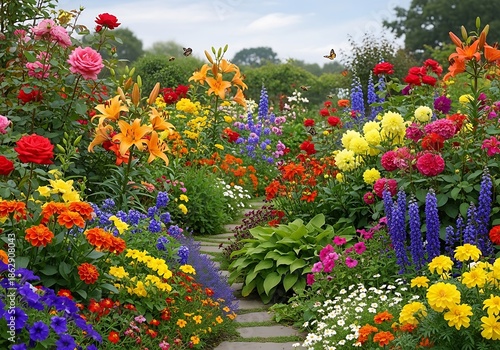 Diverse array of vibrant blossoms lines a winding garden pathway under an open sky