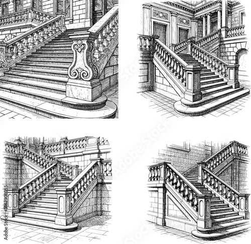 Elegant Architectural Staircase: A collection of architectural drawings showcases intricate staircases, meticulously crafted with detailed designs and classical elements.