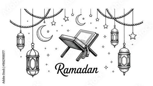 Ramadan Theme: A minimalist drawing depicts the holy book with open pages placed on a rehal, with decorative lanterns, moon and stars in the background, to evoke a sense of the Islamic holy month. 