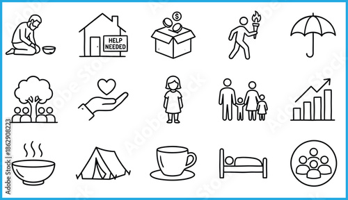 Set of 16 black line icons for humanitarian aid and social support including shelter, donation, family, and food for vector illustration content