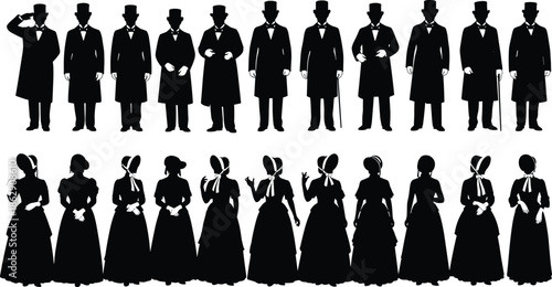 Set of Vintage Men and Women in 19th-Century Historical Fashion Outfits.