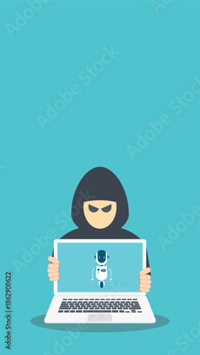 hooded figure using ai robot laptop symbolizing artificial intelligence in cybersecurity, hacking, and data threats