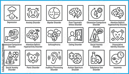 Set of 18 black line icons representing mental health and neurological disorders including depression, anxiety, ADHD, and schizophrenia for vector illustration content