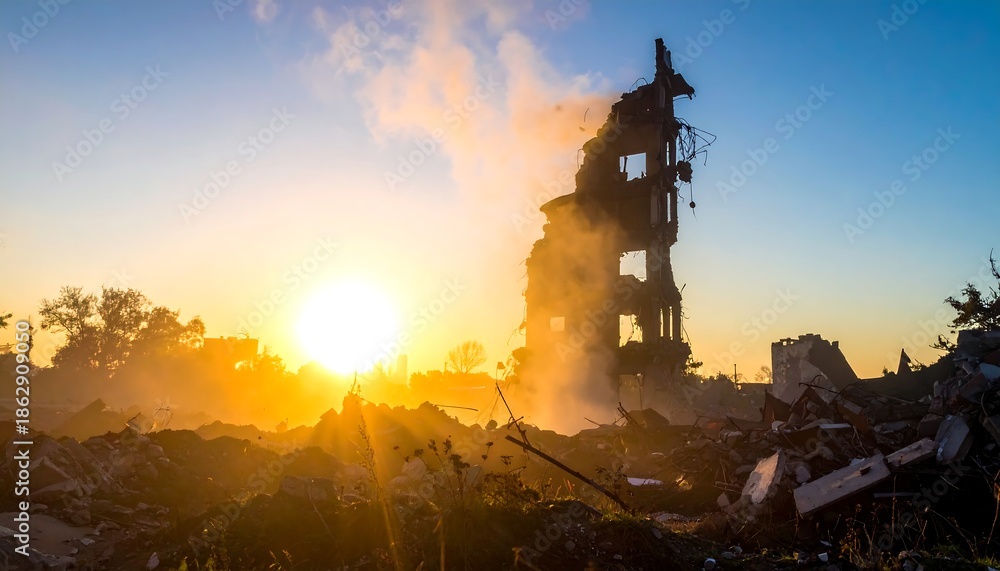 Fototapeta premium Wars Aftermath - A Ruined Building Silhouetted Against the Sunrise.