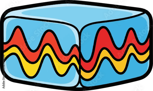 Abstract cube with wavy red and yellow layers on a blue background