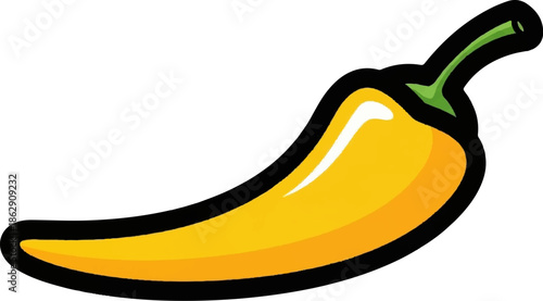 A stylized yellow chili pepper with a green stem and a thick black outline