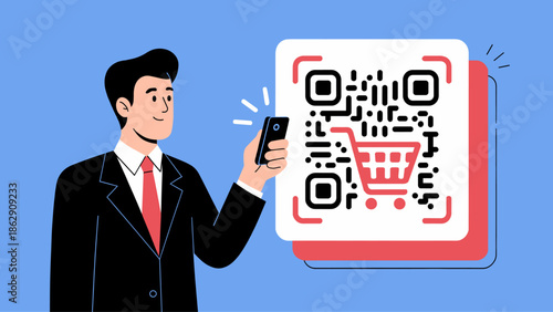businessman scanning a qr code with his smartphone for online shopping vector illustration 