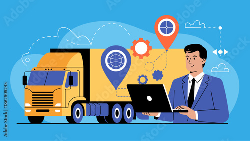 businessman with a laptop managing fleet logistics with a truck and map pins vector illustration