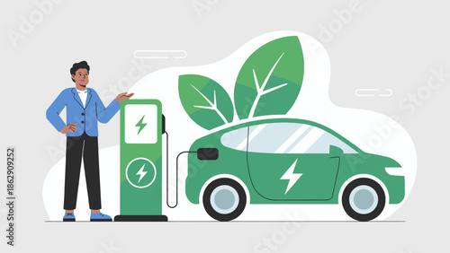 man charging a green electric car at a station vector illustration