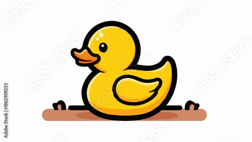 A stylized yellow duckling with orange beak and black outline sits on a brown surface