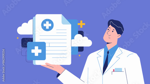 doctor holding a medical report for healthcare records vector illustration 