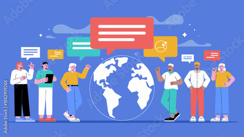 diverse group of people talking around a globe for global communication vector illustration