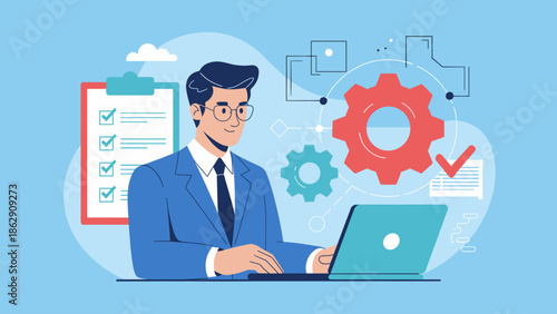 businessman working on a laptop with a checklist and gears vector illustration