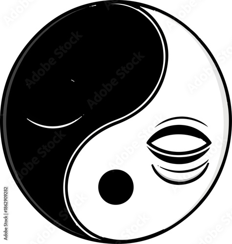 A stylized yin-yang symbol depicts a face with eyes and a mouth, suggesting duality